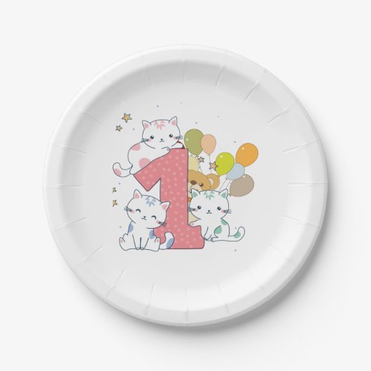 Assiettes En Carton 1er Anniversaire Pink One Chats Ballons (Devant)