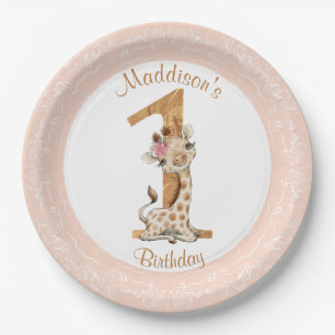 Assiettes En Carton 1er Anniversaire Rose Girl Baby Giraffe Plaque en 