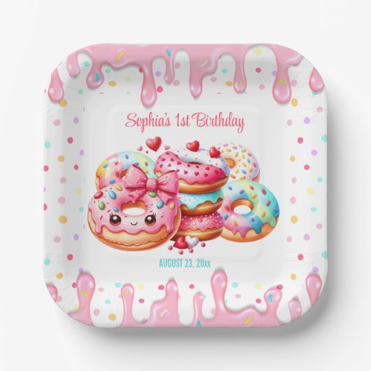 Assiettes En Carton 1er Anniversaire Sweet One mignonne Donut rose fil (Recto)