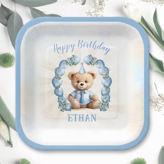 Assiettes En Carton 1er anniversaire Teddy Bear Bleu Carré Plaques de