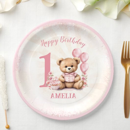 Assiettes En Carton 1er anniversaire Teddy Bear Pink Ballots Plaques d