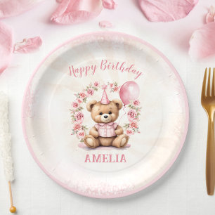 Assiettes En Carton 1er Anniversaire Teddy Bear Plaques de papier rose