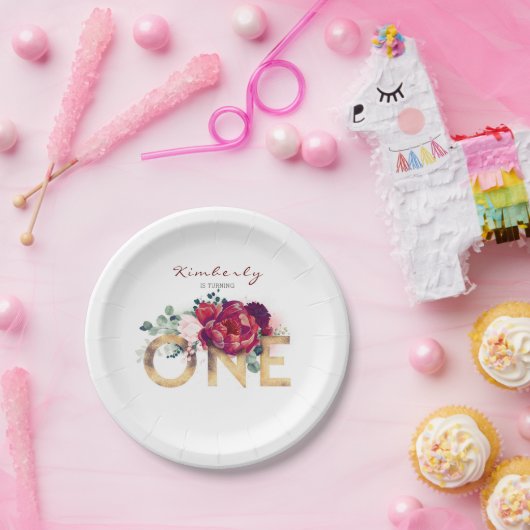 Assiettes En Carton 1ère fête d'anniversaire Fleurs rouges Bourgogne (Fête)