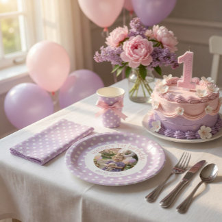 Assiettes En Carton 1st Birthday Photo & Purple Polka Dot
