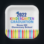 Assiettes En Carton 2022 Maternelle Graduation Custom School Party<br><div class="desc">Cette adorable plaque papier de la fête de remise des diplômes de maternelle 2022 présente un casquette cool au-dessus de l'écriture colorée et une rangée de crayons en arc-en-ciel. Joli jardin d'enfants décors diplômés en couleurs amusantes pour la dernière journée de l'école primaire avec le nom de votre enfant personnalisé...</div>