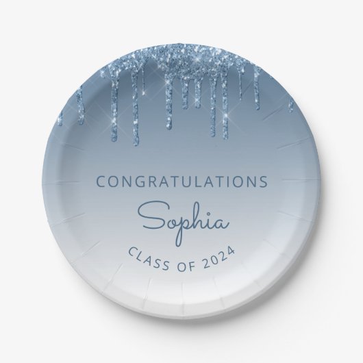 Assiettes En Carton 2024 Parties scintillant bleue personnalisée Gradu (Devant)