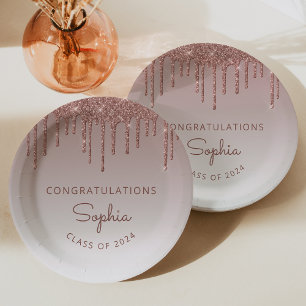 Assiettes En Carton 2026 Rose Gold Pailleté Dégoulinant Diplômé Chic