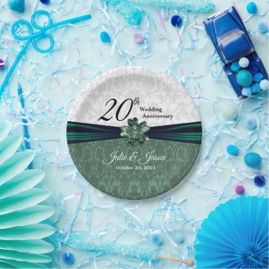 Assiettes En Carton 20e anniversaire d'Emerald Mariage damassé (Fête)