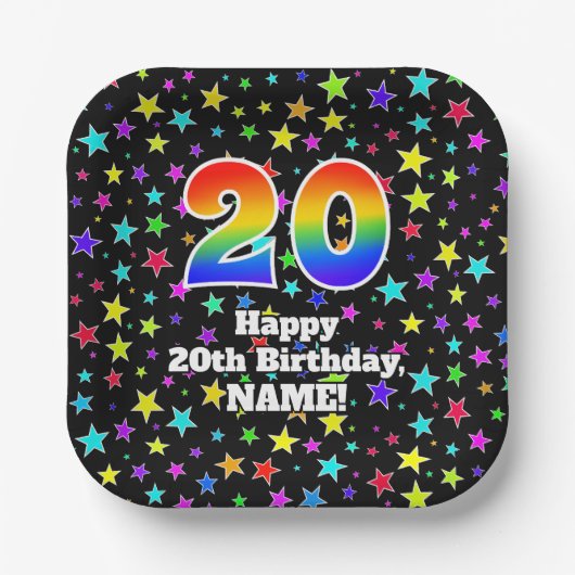 Assiettes En Carton 20e anniversaire : Fun Stars Motif et Rainbow "20" (Recto)