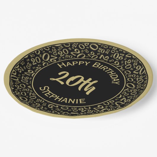 Assiettes En Carton 20e anniversaire Random Numéro Motif 20 Noir/Or (Angle)