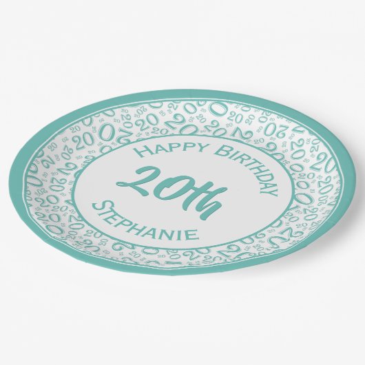 Assiettes En Carton 20e anniversaire Random Numéro Motif 20 Turquoise/ (Angle)