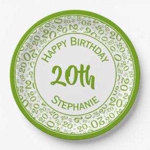 Assiettes En Carton 20e anniversaire Random Numéro Motif 20 Vert/Blanc