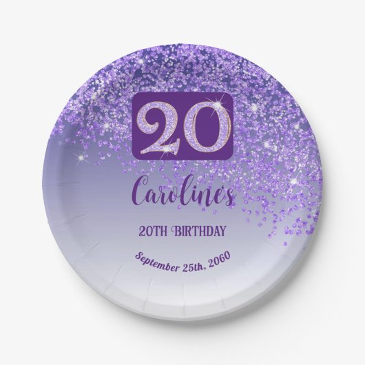 Assiettes En Carton 20th Birthday Party Sparkle Purple Glitter (Devant)