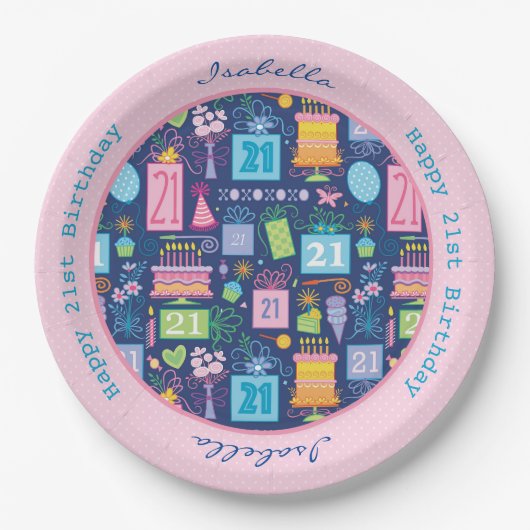 Assiettes En Carton 21e Anniversaire Cake Cupcake Présent Nom personna (Devant)