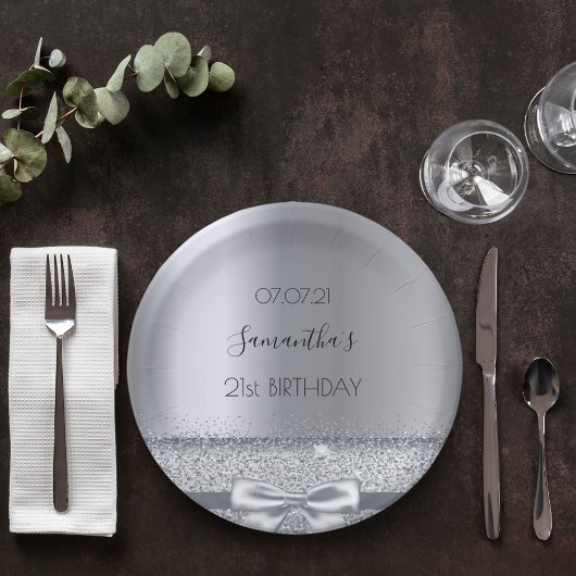 Assiettes En Carton 21e anniversaire fête argent arc élégant