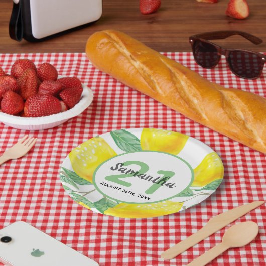 Assiettes En Carton 21e anniversaire fête jaune citrons nom (Pique-nique)