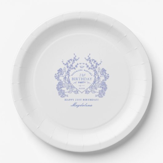 Assiettes En Carton 21e Anniversaire Français Blue Floral Crest Custom (Devant)