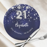 Assiettes En Carton 21e anniversaire marine bleu argent étoiles<br><div class="desc">Pour un 21ème anniversaire. Une couleur bleu marine arrière - plan avec des étoiles faux argent. La couleur bleue est inégale. Ajoutez votre nom,  texte.</div>