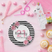 Assiettes En Carton 21e anniversaire noir rayures rose florale classiq (Fête)