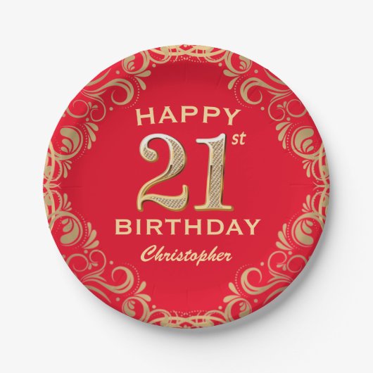 Assiettes En Carton 21e Anniversaire Parties scintillant rouge et or (Devant)