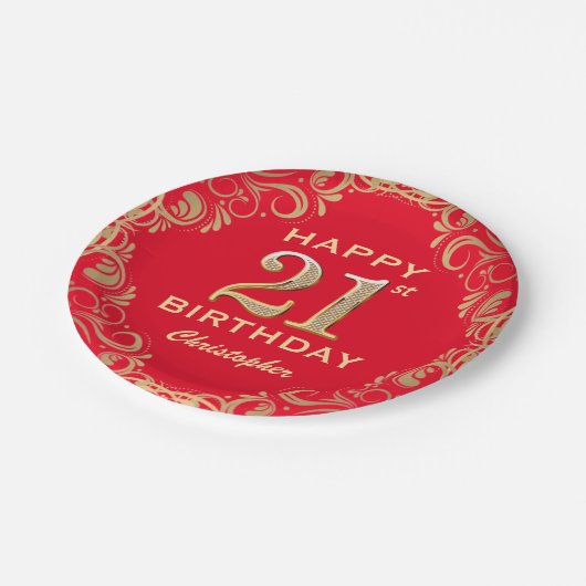 Assiettes En Carton 21e Anniversaire Parties scintillant rouge et or (Angle)