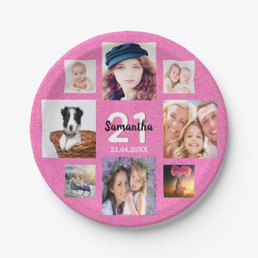 Assiettes En Carton 21e anniversaire rose photo collage parties scinti (Devant)