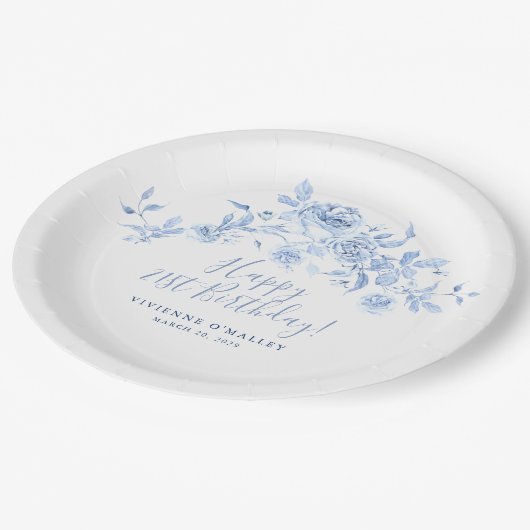 Assiettes En Carton 21e fête d'anniversaire Rose bleu Floral Custom (Angle)