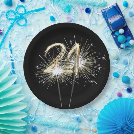 Assiettes En Carton 21e fête d'anniversaire Sparklers sur Noir (Fête)