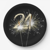 Assiettes En Carton 21e fête d'anniversaire Sparklers sur Noir (Devant)