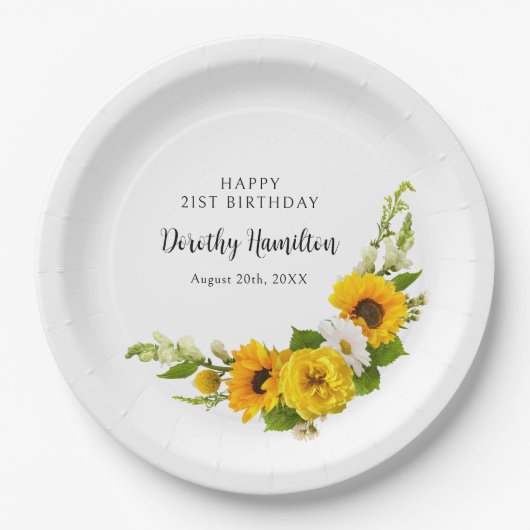 Assiettes En Carton 21e fête d'anniversaire Sunflower Daisy Custom (Devant)