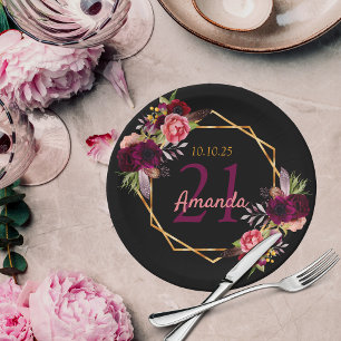 Assiettes En Carton 21st birthday party black gold geo floral burgundy