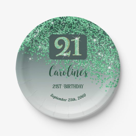 Assiettes En Carton 21st Birthday Party Sparkle Green Glitter (Devant)
