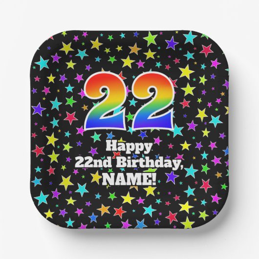 Assiettes En Carton 22e anniversaire : Fun Stars Motif et Rainbow "22" (Recto)