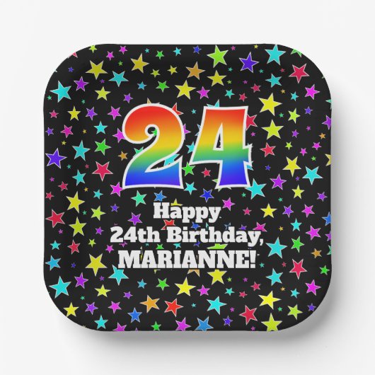 Assiettes En Carton 24e anniversaire : Fun Stars Motif et Rainbow "24" (Recto)