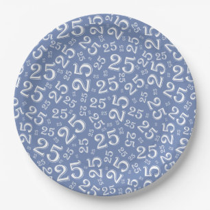 Assiettes En Carton 25e anniversaire bleu/blanc Motif de numéro aléato