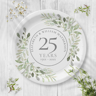 Assiettes En Carton 25e anniversaire d'argent Aquarelle de verdure Flo