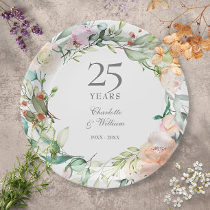 Assiettes En Carton 25e anniversaire d'argent Rose Floral Green