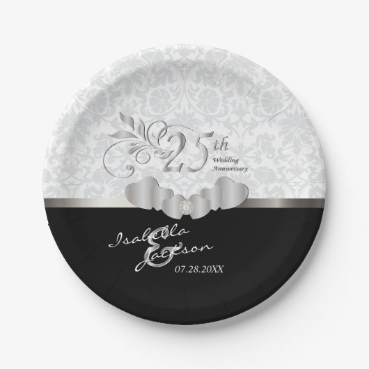 Assiettes En Carton 25e anniversaire de l'argent et du Mariage blanc (Devant)