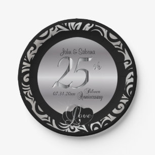 Assiettes En Carton 25e anniversaire de l'argent et du Mariage noir