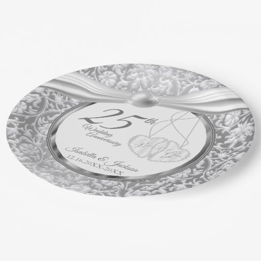 Assiettes En Carton 25e anniversaire du Mariage - Pearl White et Silve (Angle)