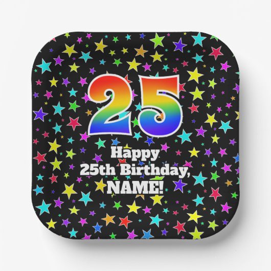 Assiettes En Carton 25e anniversaire : Fun Stars Motif et Rainbow "25" (Recto)