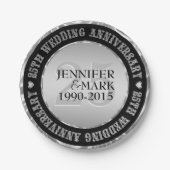 Assiettes En Carton 25E Anniversaire Mariage Métallique Argent Et Noir (Devant)