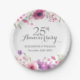 Assiettes En Carton 25e anniversaire Mariage Roses d'aquarelle
