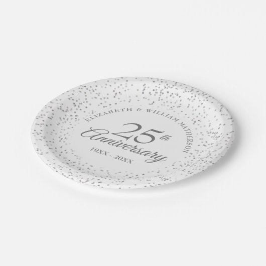 Assiettes En Carton 25e anniversaire Mariage Silver Confetti Moderne (Angle)
