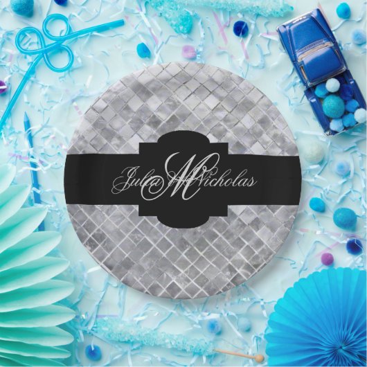 Assiettes En Carton 25e anniversaire Monogrammed Black & Silver (Fête)