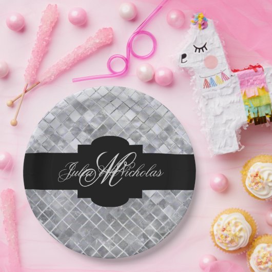 Assiettes En Carton 25e anniversaire Monogrammed Black & Silver (Fête)