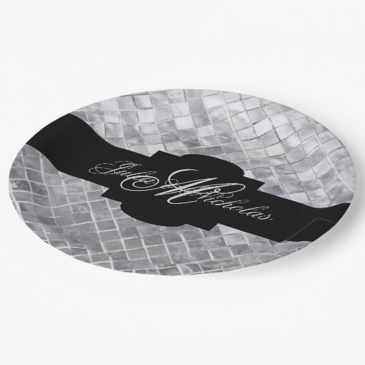 Assiettes En Carton 25e anniversaire Monogrammed Black & Silver (Angle)