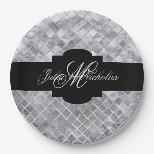 Assiettes En Carton 25e anniversaire Monogrammed Black & Silver (Devant)