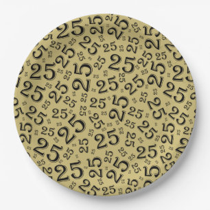 Assiettes En Carton 25e anniversaire Noir/Or Random Numéro Motif