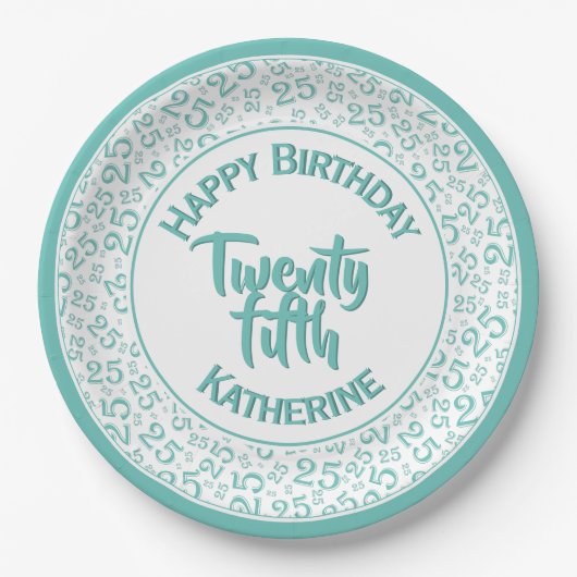 Assiettes En Carton 25e anniversaire Random Number Motif 25 Turquoise/ (Devant)